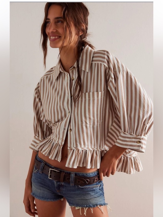 Free People Tops - Free People NWOT Bailey Striped Shirt Size Large in Neutral Combo